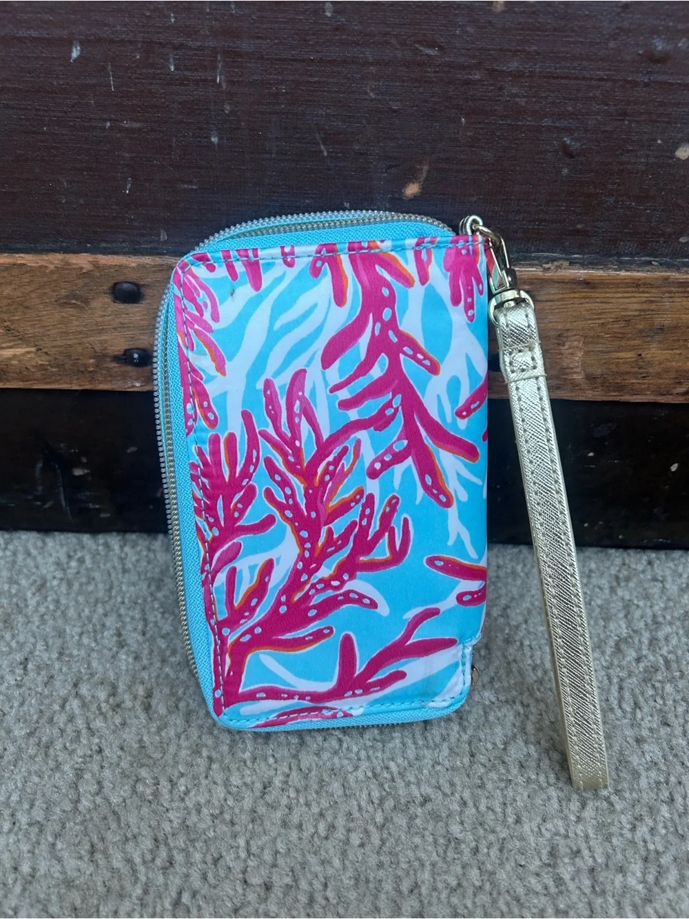 Lilly Pulitzer Teal & Hot Pink Coral Wristlet Phone Case with Gold Accents